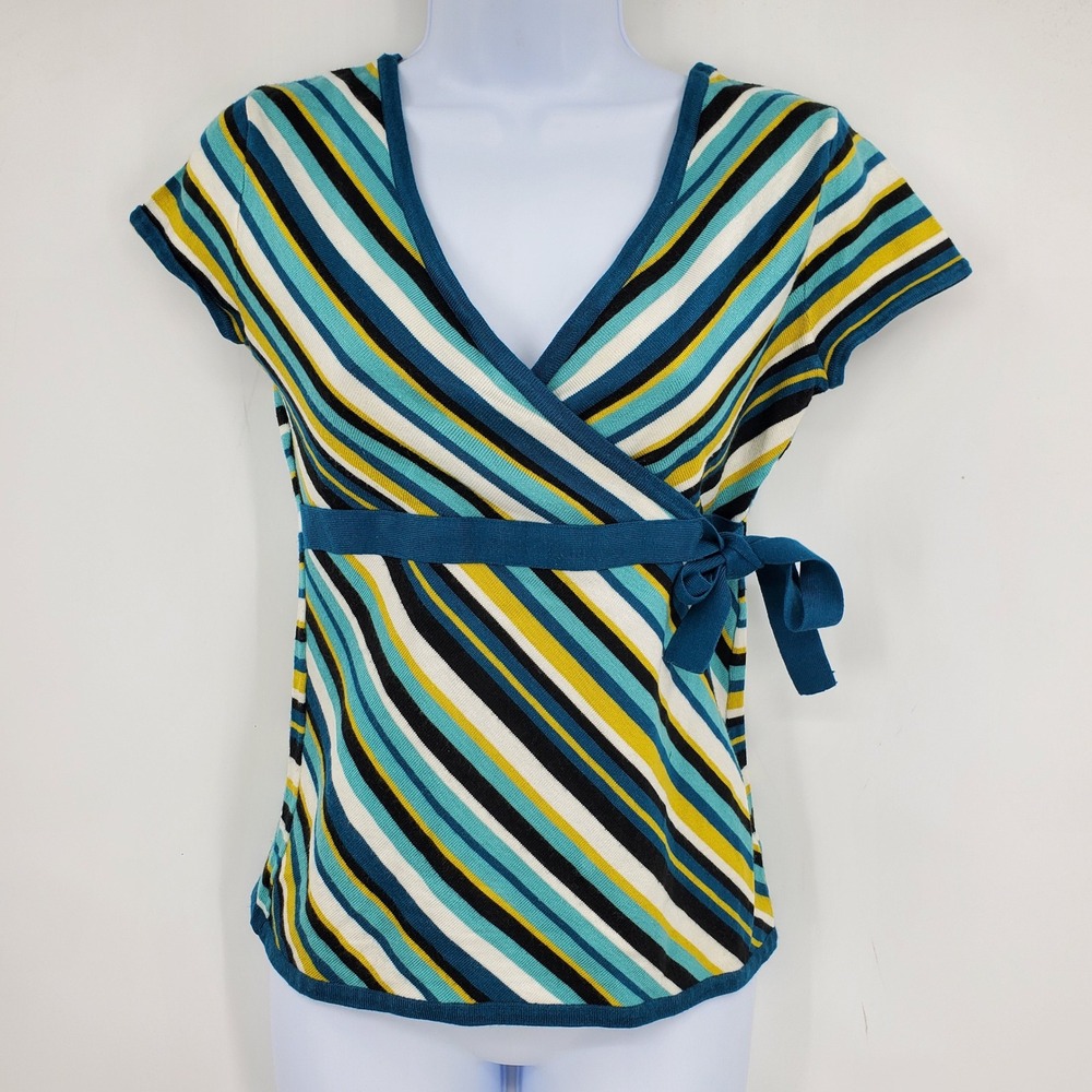 New York & Company Y2K XS Striped Faux Wrap Knit‎ Top Blue Yellow V-Neck Shir